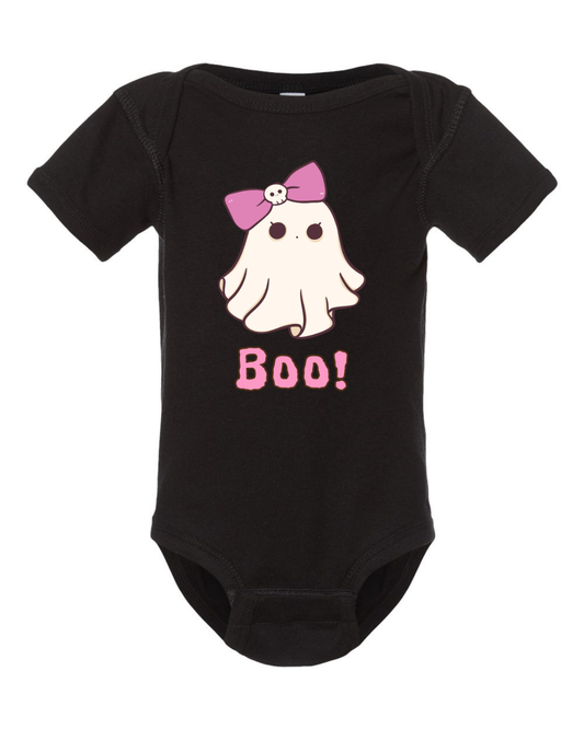"Boo!" Cute Ghost Rib Bodysuit - Black