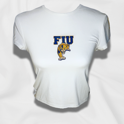 Rhinestones FIU Panthers White Crew Neck Top